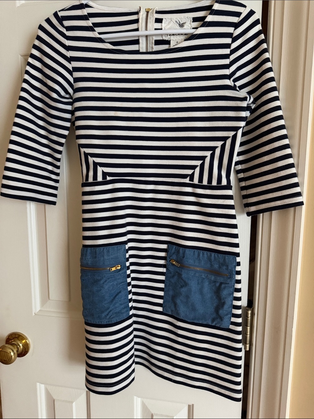 Navy and White Stripe Dress with Denim Pockets